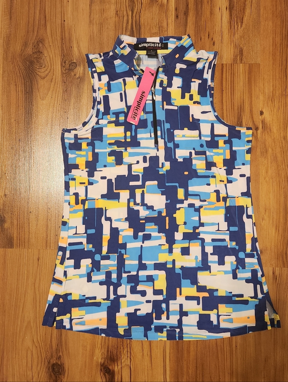 Simplicity Jamie Sadock Sleeveless Geo-Print Mock Neck Tank - Blue, Yellow,